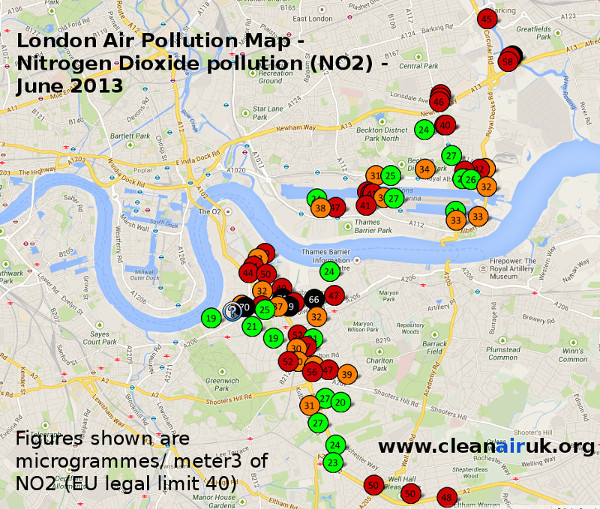 Map showing levels of nitrogen dioxide pollution in Greenwich & Newham London, June 2013